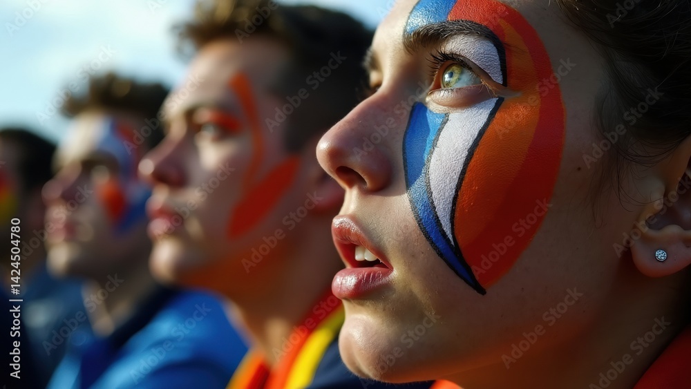 A close-up of a fan's face painted with intricate team designs, their eyes wide with anticipation as they watch the match