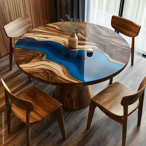 Obraz na płótnie Round Walnut Dining Table with Midnight Blue Epoxy Resin – Rustic Farmhouse Charm w salonie