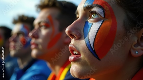 Obraz na płótnie A close-up of a fan's face painted with intricate team designs, their eyes wide with anticipation as they watch the match w salonie