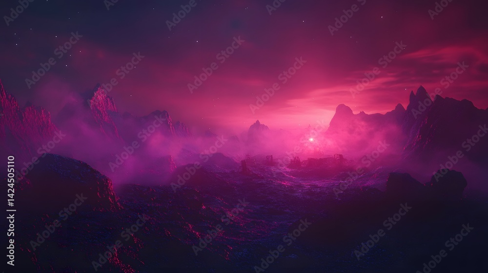 Crimson mountains shrouded in mystical fog at dawn. Crimson mountains shrouded in mystical fog at dawn.