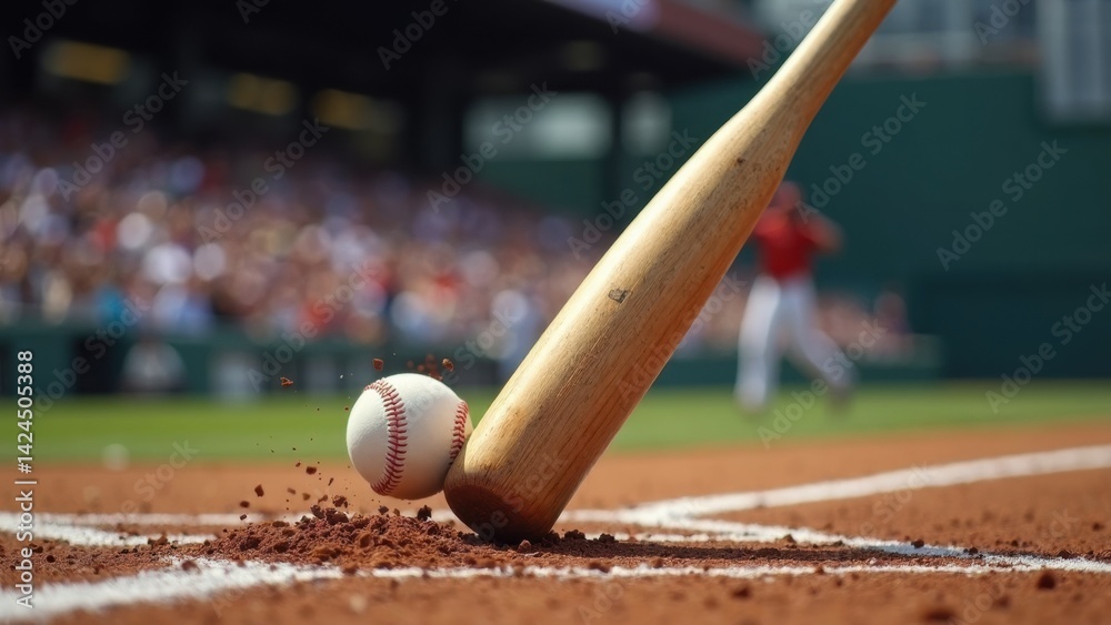 Baseball bat is on the ground next to a baseball. The scene is set in a baseball field with a crowd of people watching