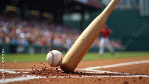Obraz na płótnie Baseball bat is on the ground next to a baseball. The scene is set in a baseball field with a crowd of people watching w salonie