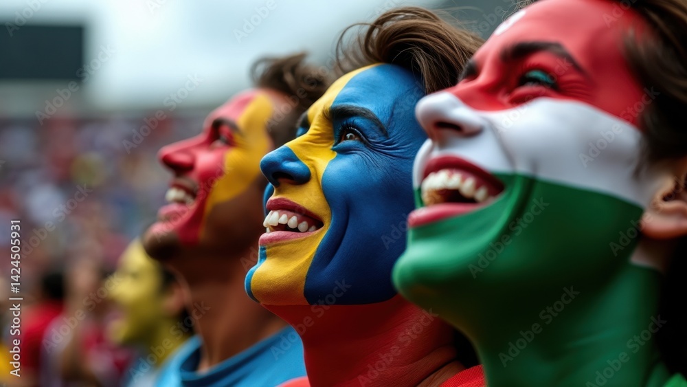 Three people are wearing face paint that represents the colors of the flags of the countries they are from. They are all smiling
