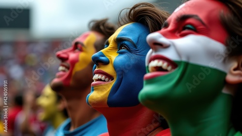 Obraz na płótnie Three people are wearing face paint that represents the colors of the flags of the countries they are from. They are all smiling w salonie