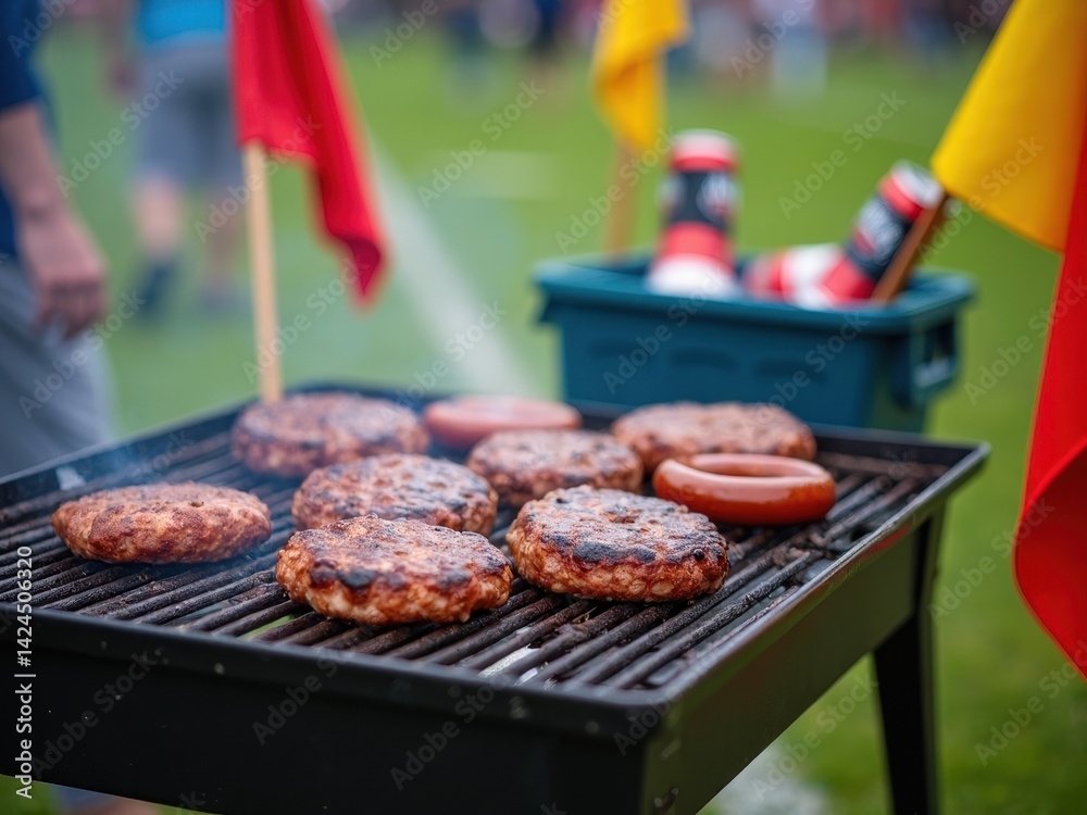Group of people are grilling hamburgers on a grill. There are several bottles and a bowl nearby