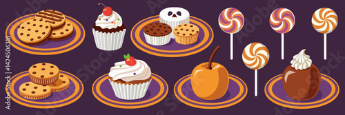 Halloween desserts on striped plates – Great for party invitations, seasonal menus, or holiday marketing.