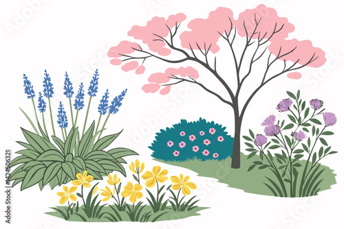 9 Colorful spring flowering bushes and trees, botanical illustration, vector graphics, pastel colors, blue flowers, pink blossoms, yellow blooms, purple lavender, green foliage, isolated plant specime