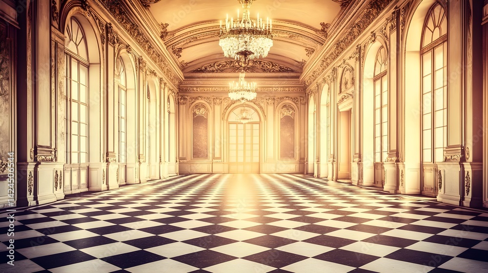 Grand Ornate Hallway with Black and White Checkerboard Floor Grand Ornate Hallway with Black and White Checkerboard Floor