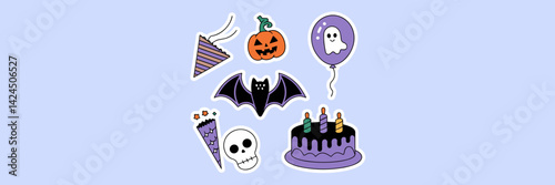 Halloween sticker set with jack-o’-lantern hat and glowing skull – Perfect for party supplies, themed printables, or spooky design kits