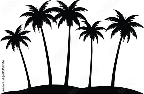 Black Palm Tree Silhouette With Tall Trunks on Island, on White