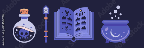 Magical icon set with skull potion, spell book, cauldron, and wand on dark background