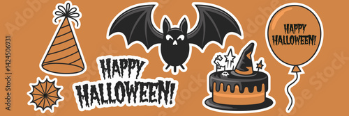 Halloween party sticker icons with bat wings, cake, balloons, and party popper