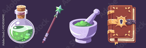 Flat illustration of alchemy and magic tools with book and wand on dark purple