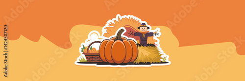 Autumn pumpkin patch sticker with scarecrow and harvest basket – Perfect for fall promotions, seasonal classroom decor, or craft packaging