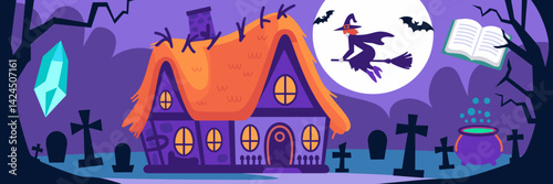 Spooky house and flying witch with Halloween elements – Great for themed posters or digital art