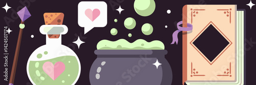 Magical potion-making scene with spell book and cauldron – Ideal for fantasy branding, enchanted themes, or Halloween visuals.