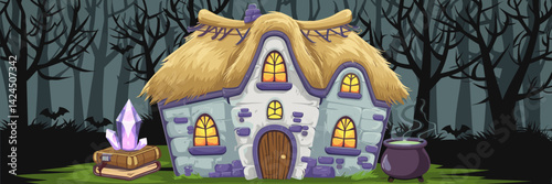 Spooky thatched house and witchcraft items in dark forest – Ideal for fantasy themes or Halloween promotions