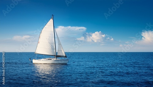 sailboat in the sea on a background of blue sky minimalist sailing background a lonely sailing boat floating in the ocean