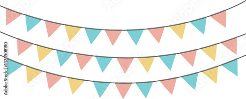 Carnival colored garlands and bunting. Festive triangle flags on rope for decoration of party, holiday, event, festive, celebration. Colorful pennants for banner, flyer,