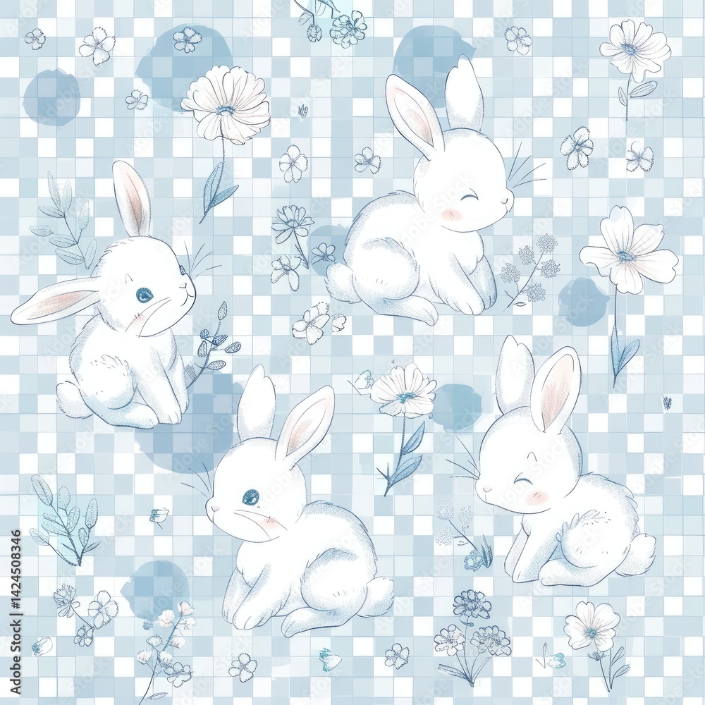 Fototapeta premium Pastel geometric Easter pattern with Easter bunnies, eggs, and floral designs