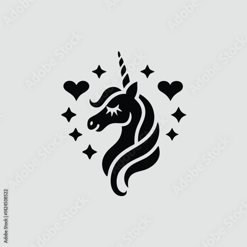Elegant Black Unicorn Head Logo with Hearts and Stars