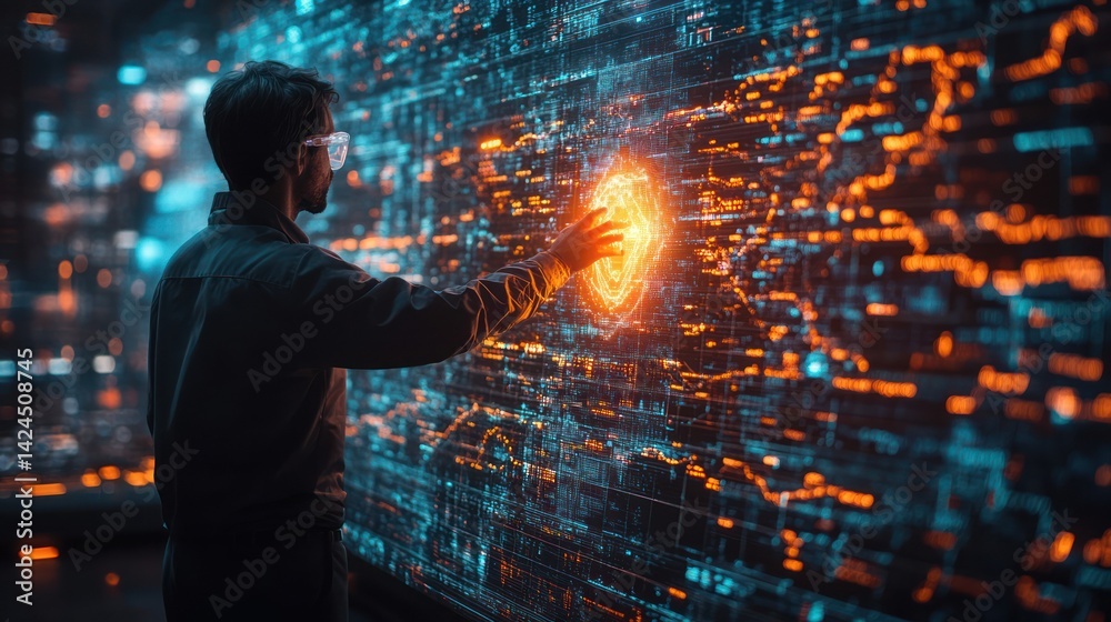 Person engaging with abstract data visualization