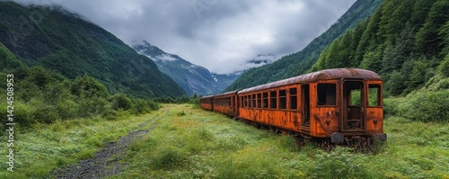 Rusty Relic in the Mountains: An Abandoned Train Car in a Serene Valley