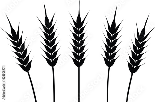 Black silhouette of five rye ears on transparent background, agriculture elements
