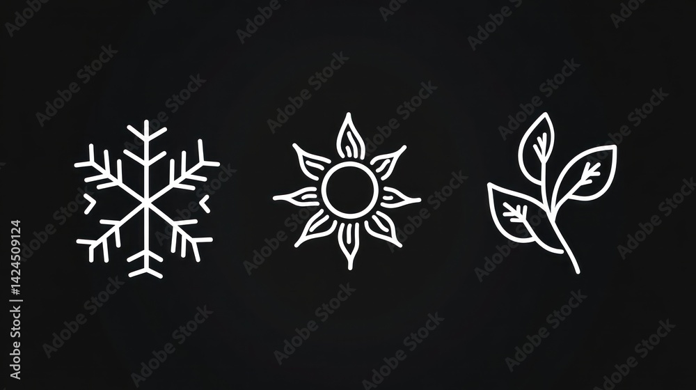 Obraz premium Seasonal icons winter, summer, spring; dark background; infographic