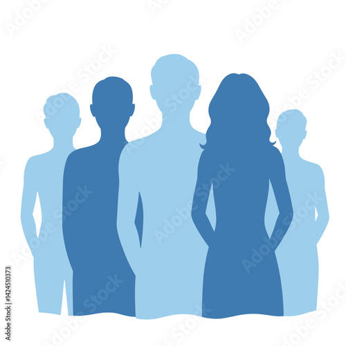Stylized people icon with gender diversity silhouettes representing users group and audience - concept of users community diversity inclusivity public engagement