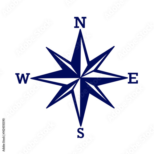 Compass rose icon in classic navy style representing navigation orientation and travel guidance - concept of direction adventure wayfinding map exploration compass app