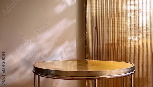close up of empty modern golden round table on reeded glass partition on cream colored wall for luxury organic beauty cosmetic product display minimal design with copy space