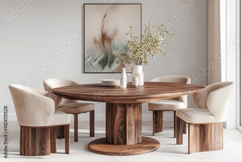 Dining room with round table and chairs on white background on transparent background
