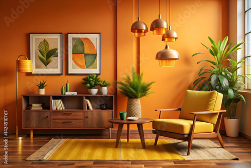Retro living room, 1970s interior design, orange walls, mid-century modern furniture, yellow armchair, wooden sideboard, hanging pendant lights, potted plants, framed wall art, warm lighting, 