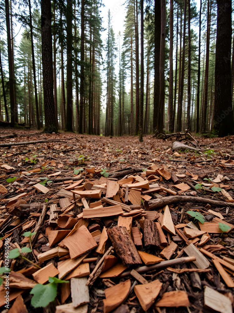 Obraz premium Wood chips on the ground in the forest