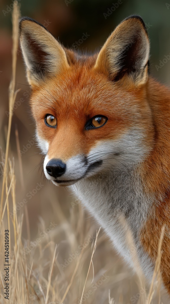 Fototapeta premium Red fox in grassy field during golden hour