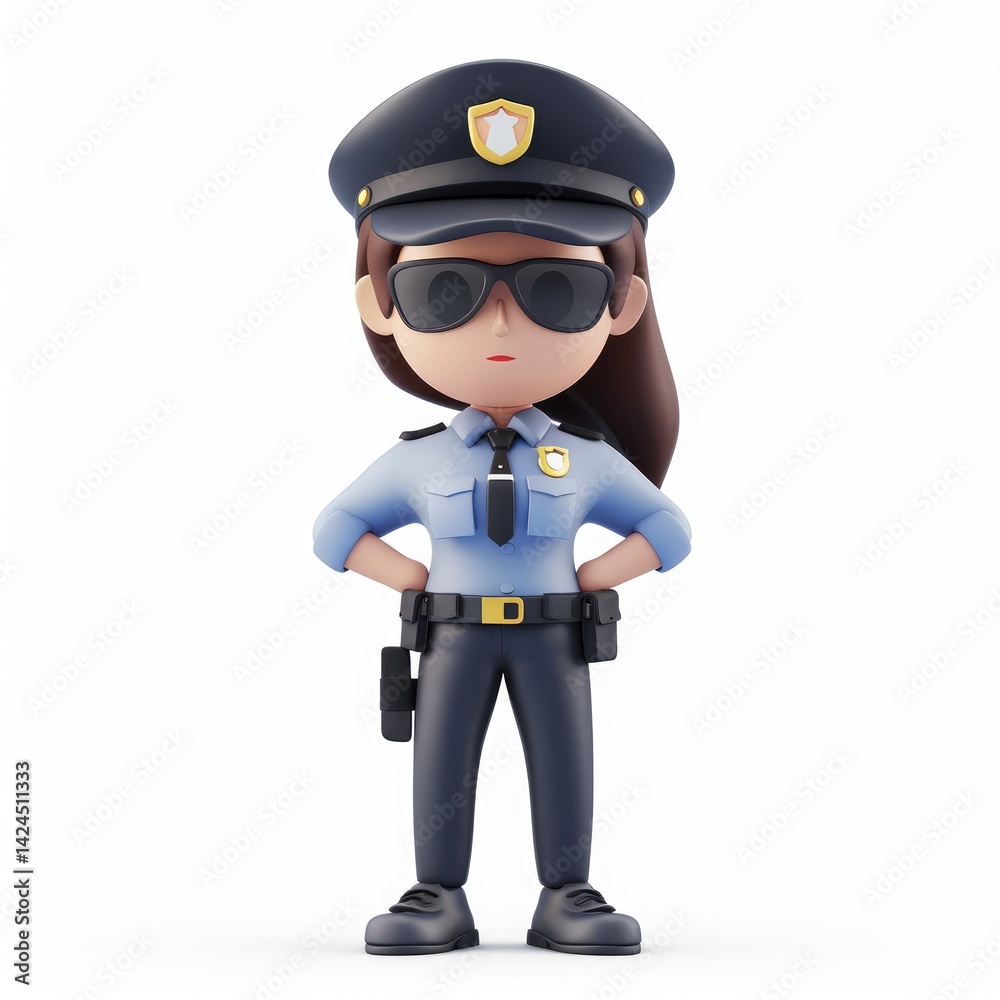 Cartoon policewoman figure, standing in uniform.