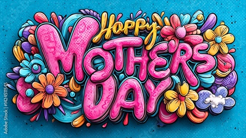Bright Happy Mother's Day typography with a playful, comic-style font, surrounded by pop-art inspired flowers and colorful bursts of color, captured in