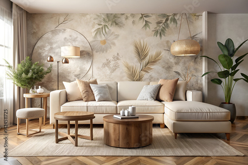 Cozy living room, boho chic interior, neutral color palette, beige sofa, rattan coffee table, tropical leaf wallpaper mural, hanging pendant lights, woven wall decor, potted plants, natural textures, 