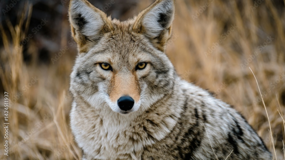Coyote rests in tall grass during golden hour Coyote rests in tall grass during golden hour