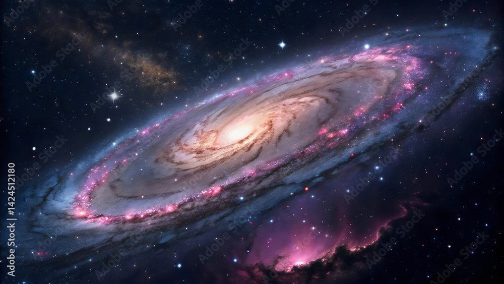 Obraz premium A mesmerizing view of a spiral galaxy featuring vibrant cosmic dust, nebulae, and countless stars, perfect for illustrating astronomical phenomena or the vastness of the universe.