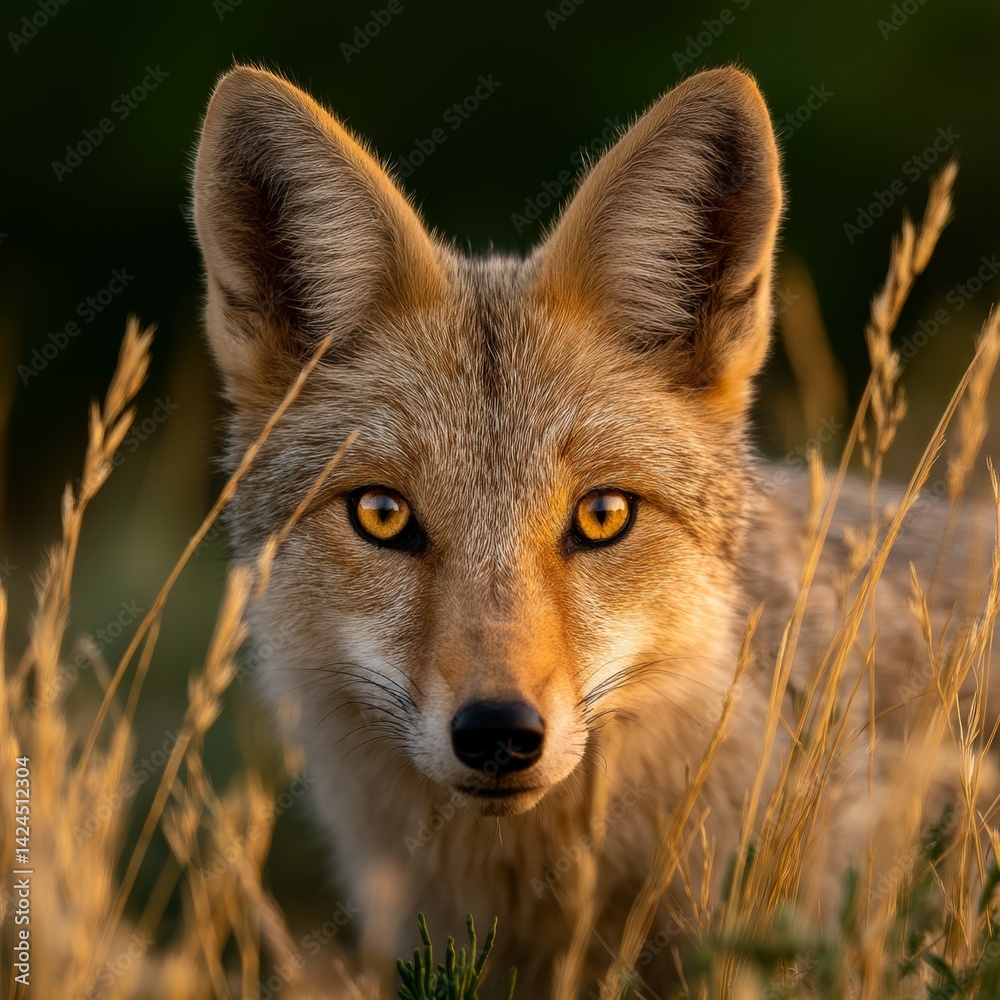 Coyote stands alert in golden grass during sunset Coyote stands alert in golden grass during sunset