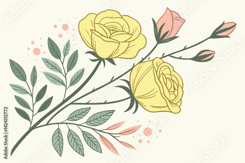 55 Watercolor yellow roses, delicate floral illustration, soft pastel hues, green leaves, pink floral accents, botanical art, loose brushstrokes, minimalist design, elegant composition, light and airy