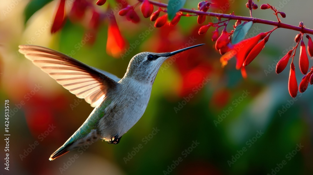 Fototapeta premium Hummingbird feeding on vibrant red flowers outdoors