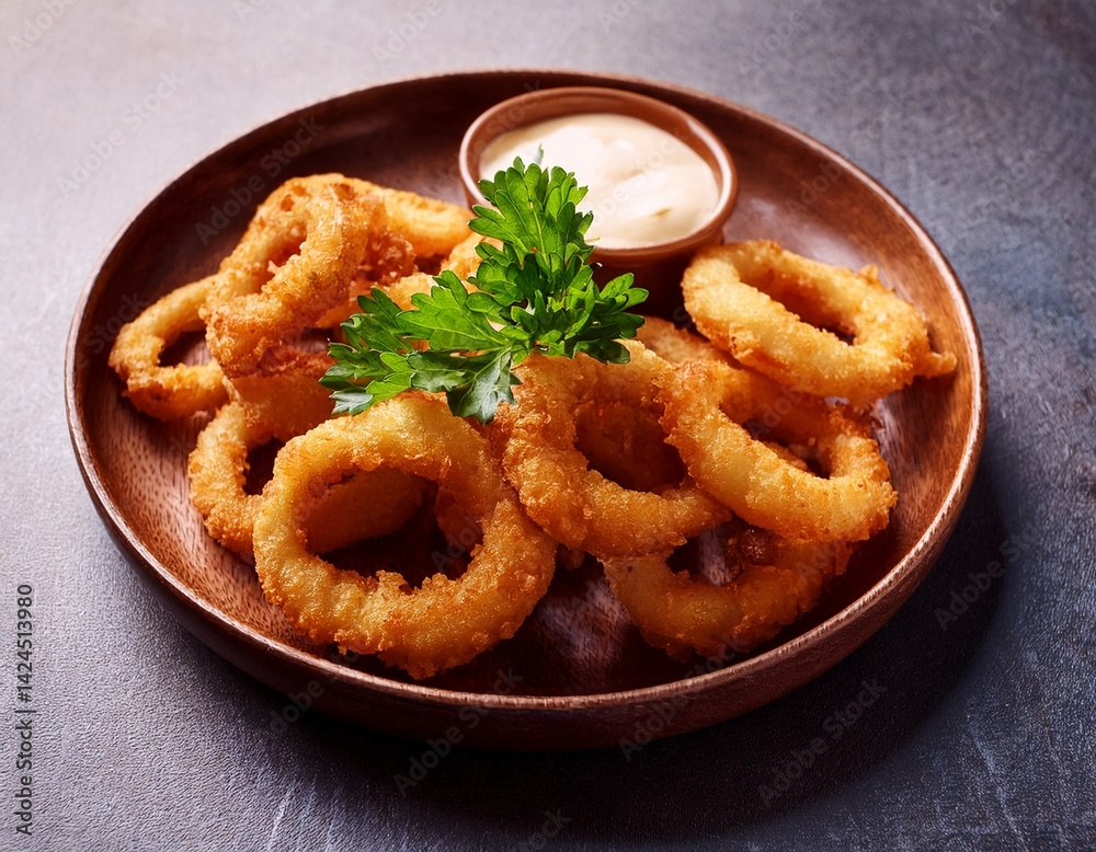 crispy fried calamari rings with parsley garnish crispy fried calamari rings with parsley garnish