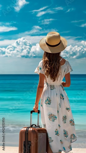 A woman stands on a sunny beach with her suitcase. She gazes at the shimmering ocean waves under a blue sky, embodying the essence of a summer vacation full of promise and adventure