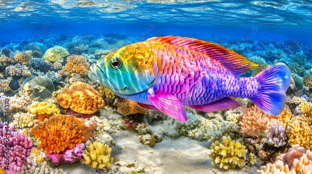 Fototapeta premium A colorful fish swimming near coral reef in clear blue ocean water with sandy bottom scene