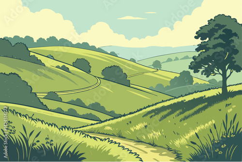 57 Rolling green hills, lush grasslands, vibrant verdant landscape, undulating terrain, sunny blue sky, fluffy white clouds, pastoral scenery, sweeping valleys, painterly style, soft brush strokes, ri