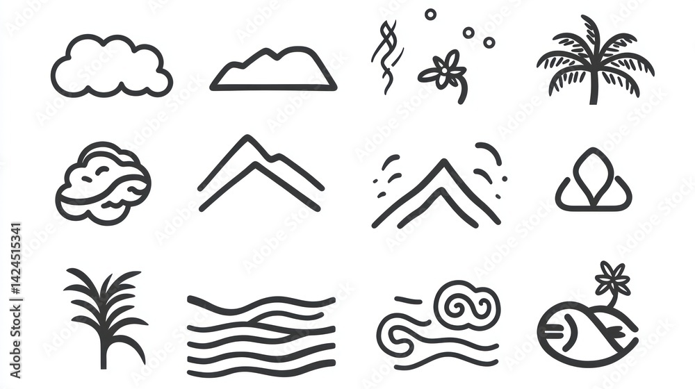 Fototapeta premium Nature icons clouds, mountains, ocean, palm, plant. Website design elements