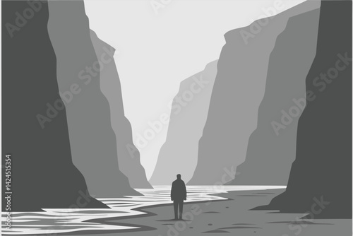 Minimalist Black and White River Valley Landscape with Lone Figure